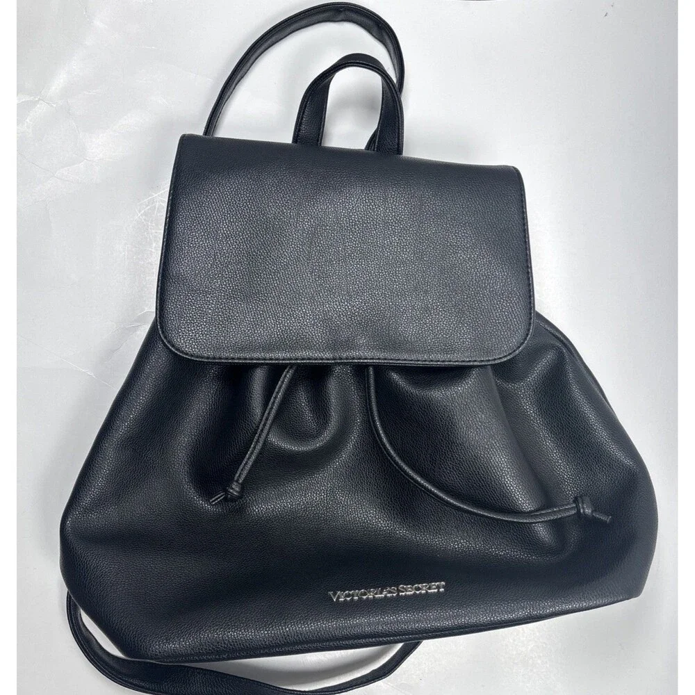Victoria's Secret Backpack Purse Tote Black Faux Leather Drawstring 14